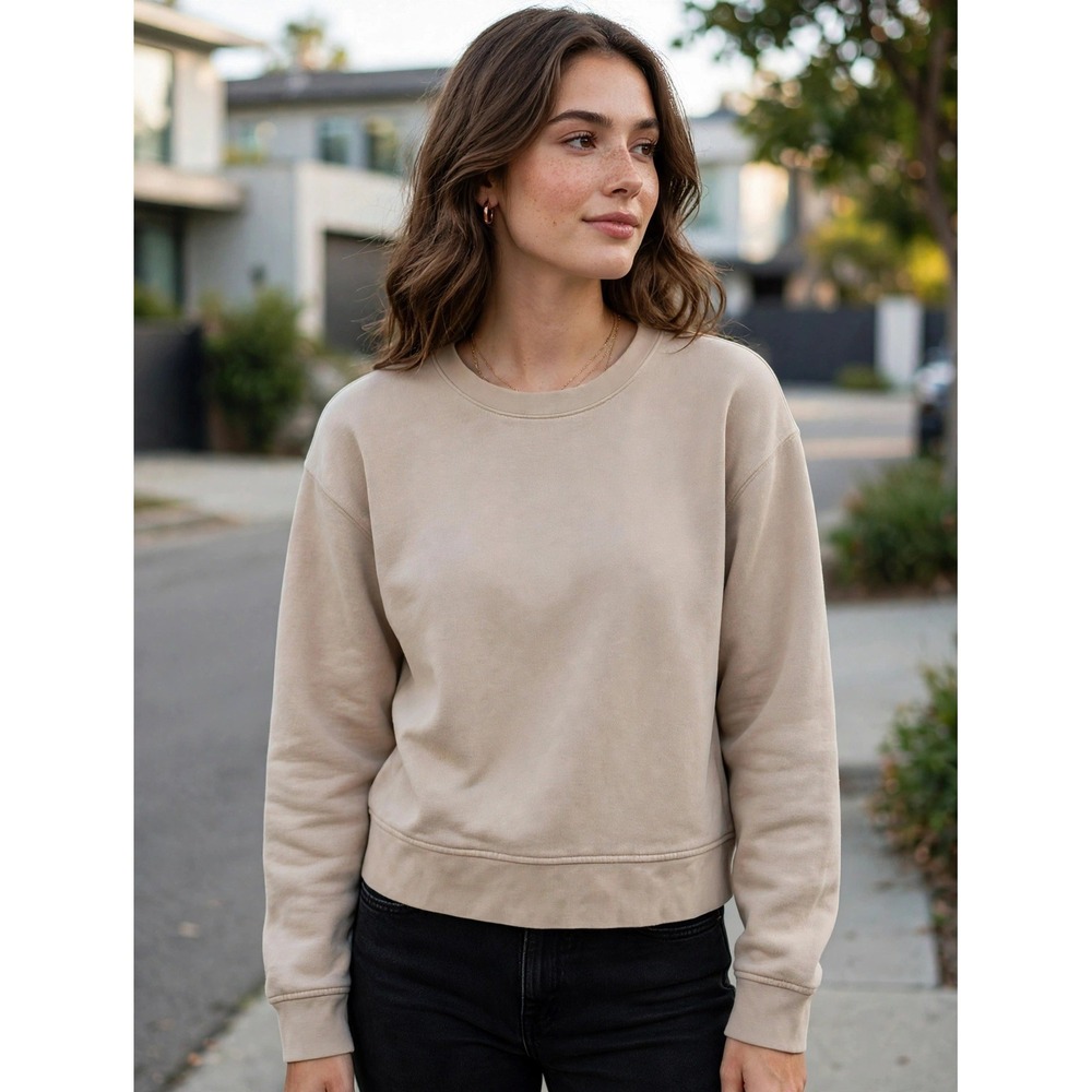 Vince Tan Beige Cotton French Terry Crewneck Sweatshirt V040184750 Small